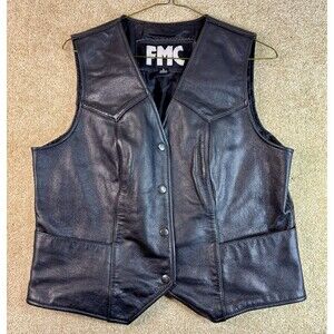 Excellent FMC Black Leather  Motorcycle Biker Vest Size Large